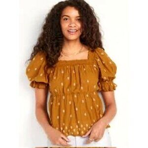 Old Navy XL Babydoll Blouse Gold Puff Sleeve Square Neck Top Embroidered Smocked